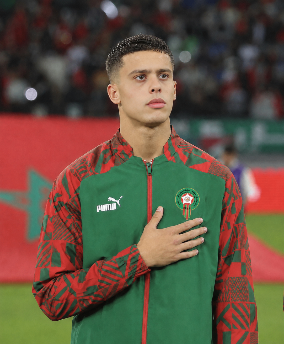 Bilal Jabri wearing a Morocco anthem jacket